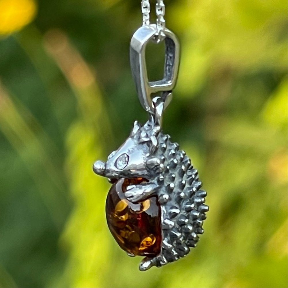 Baltic Amber Hedgehog Pendant Necklace in 925 Silver